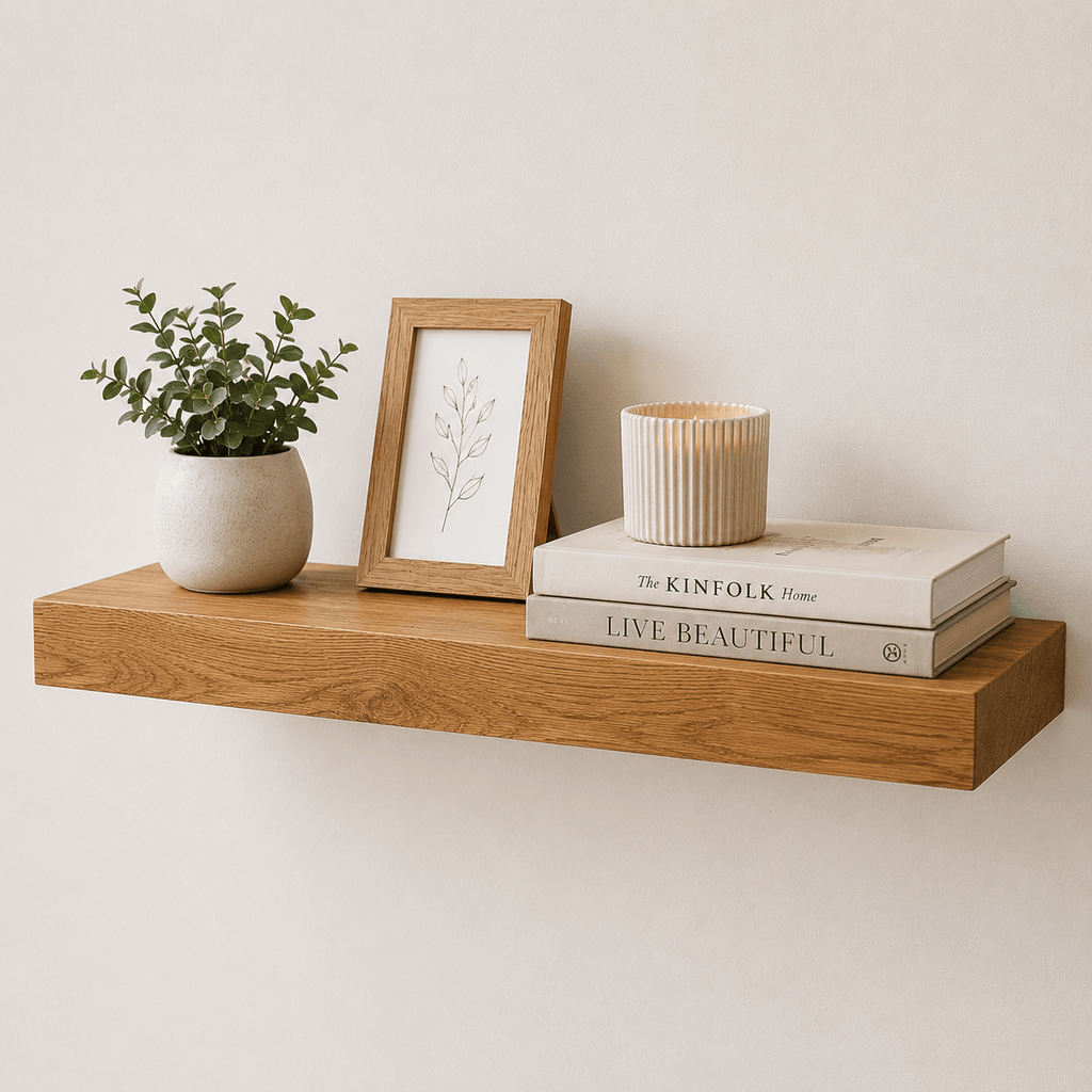 Wooden shelf with a plant, framed picture, and books on a plain wall.
