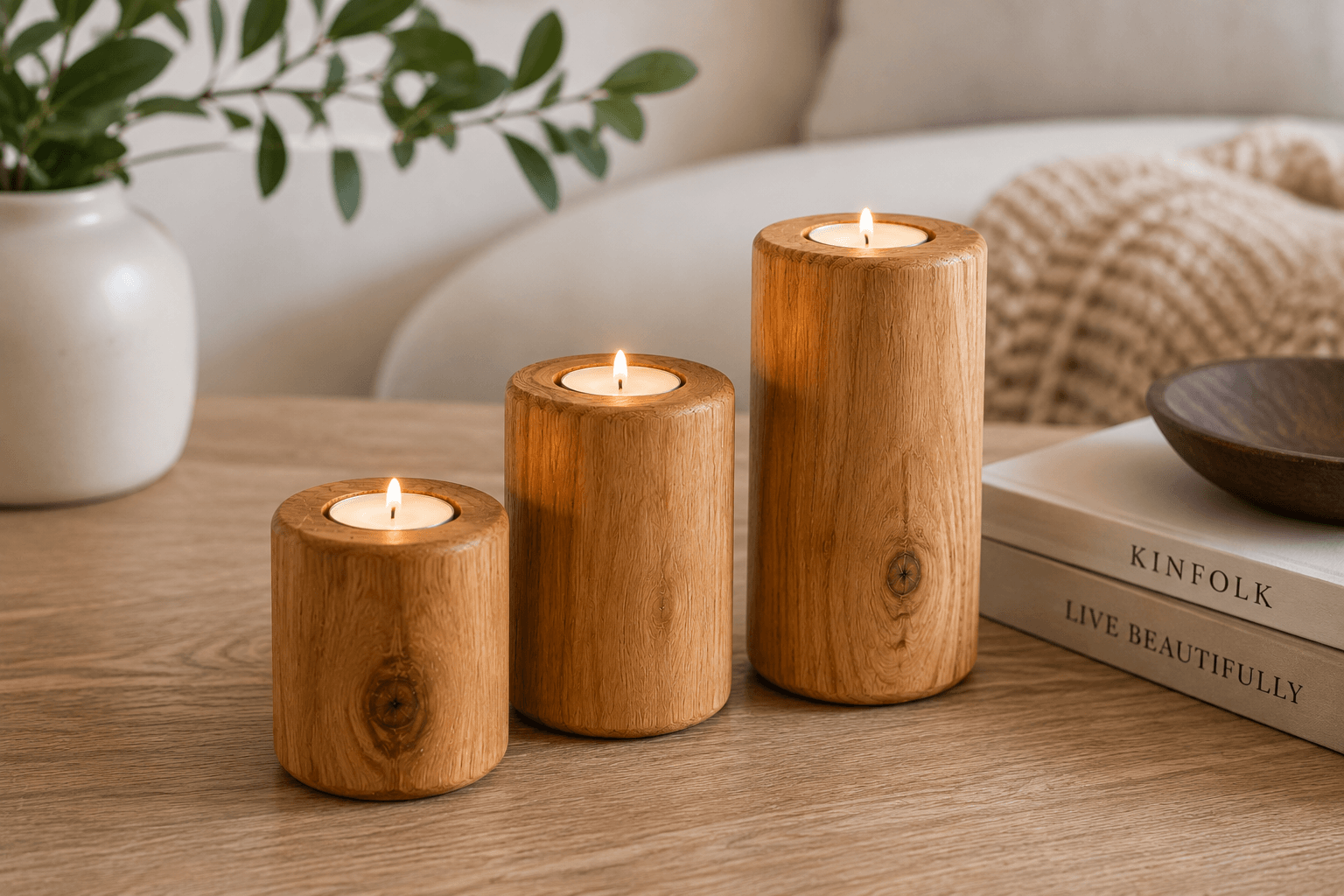 Three wooden candle holders with lit candles on a wooden surface, with a book and plant in the background.