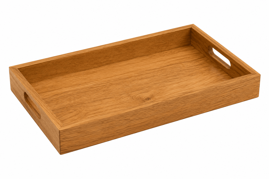 Wooden tray with handles on a white background
