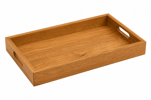 Wooden tray with handles on a white background