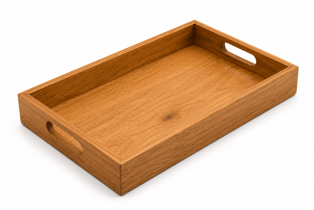 Wooden tray with handles on a white background