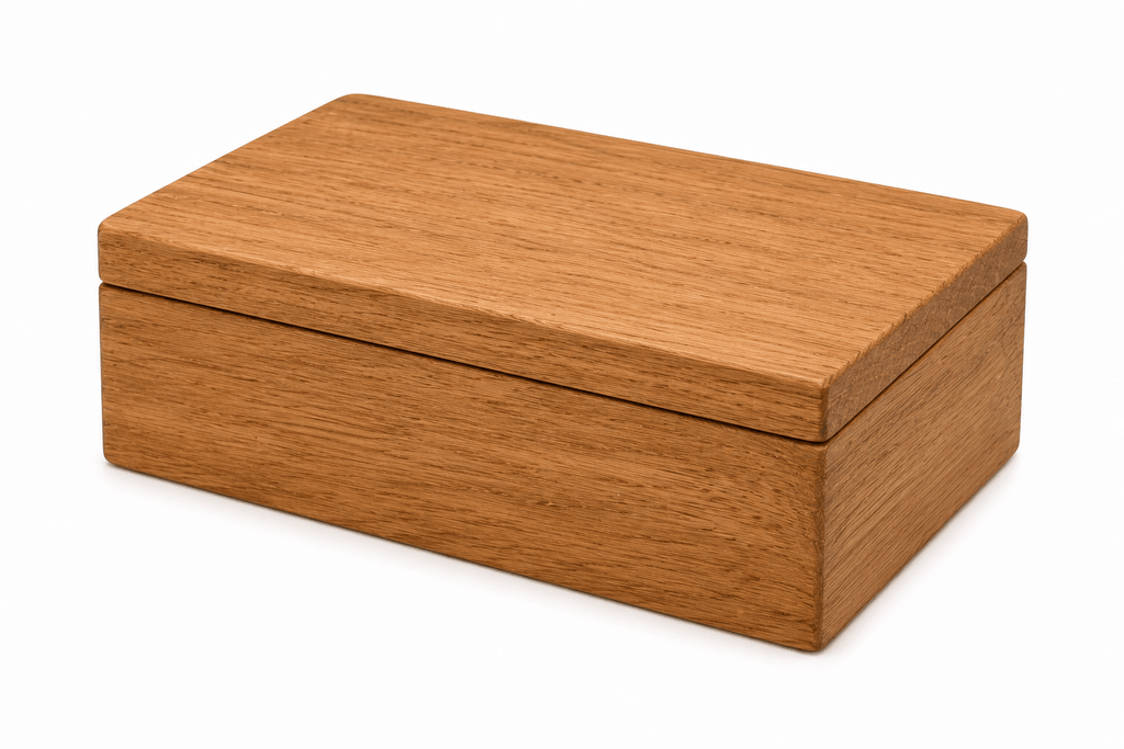 Wooden box with a lid on a white background