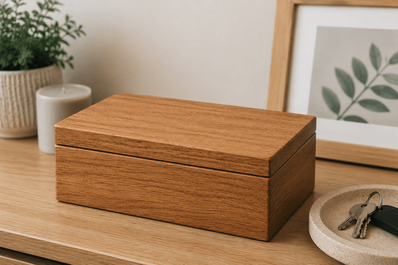Wooden box on a wooden surface with a plant and framed picture in the background