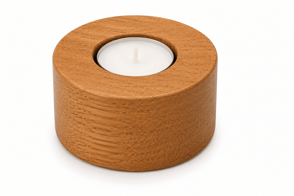 Wooden candle holder with a white candle on a white background