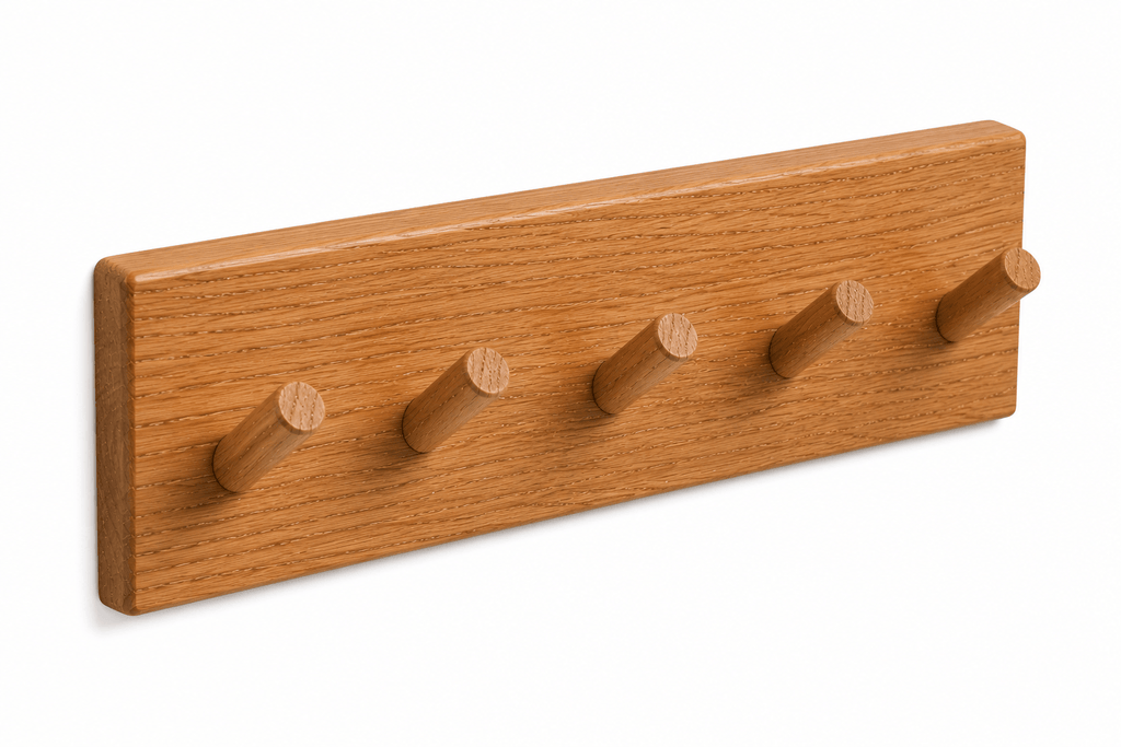 Wooden wall hook with five hooks on a white background