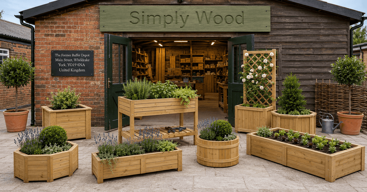 Wooden garden planters, raised beds and a herb planter table outside the Simply Wood workshop in Wheldrake, York