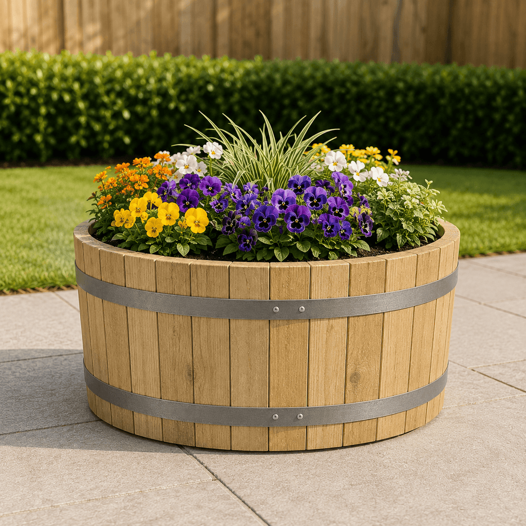 Simply Wood Round Wooden Garden Planter 40cm - Pressure-Treated Solid Timber Barrel Planter, Natural