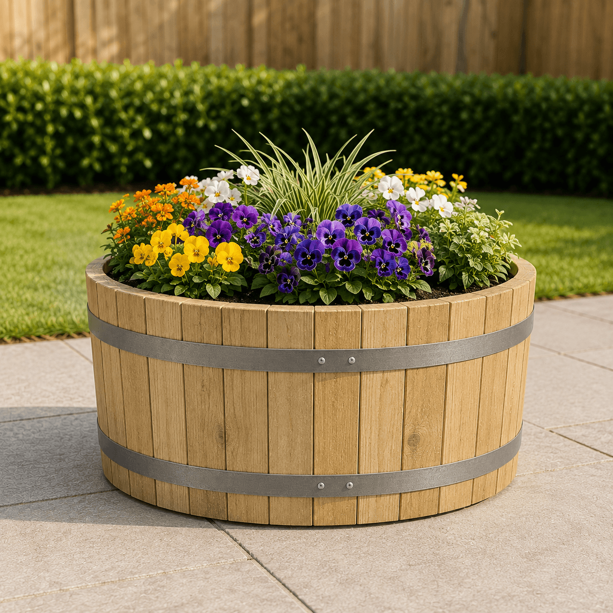 Simply Wood Round Wooden Garden Planter 40cm - Pressure-Treated Solid Timber Barrel Planter, Natural